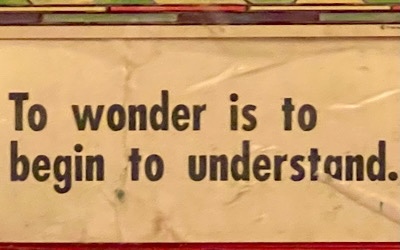 Sign reads, “to wonder is to begin to understand.”