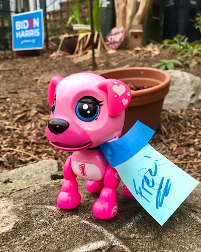 Image of pink superhero puppy with the number one on it’s chest and a sign that says “free.”