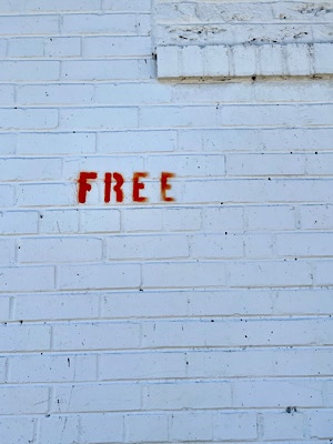 In red capital letters stenciled on a white-painted, brick wall, the word “free.”