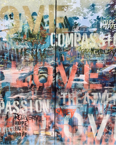 Collage of words behind window reflections —hope , love, recovery , compassion 
