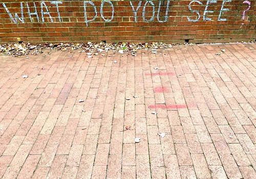 Chalk drawing on brick wall, reads “what do you see?”